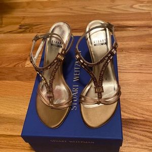 Stuart Weitzman gold embellished strappy heeled shoe